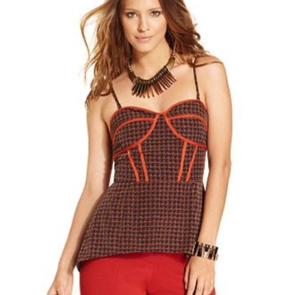 Bar III Houndstooth Print Camisole Top Size L Blue Orange Corsetry Peplum Tank
